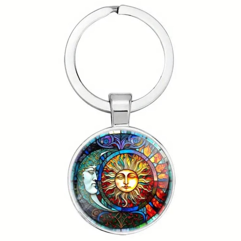 Sun and Moon Round Metal Keychain - Vibrant Multicolor